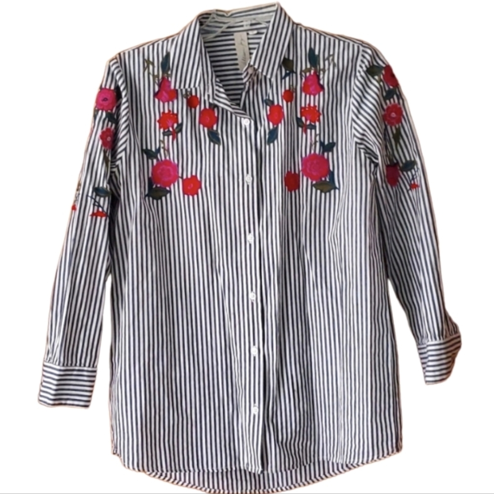 Allison Joy‎ Lucille Embroidered Floral Striped Buttondown Long Sleeve Shirt